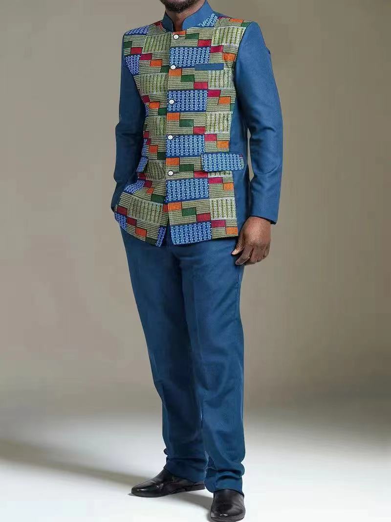 Ensemble caftan africain pour hommes, chemisier et pantalon à manches longues et col rond, costume 2 pièces élégant pour fête de mariage musulmane
