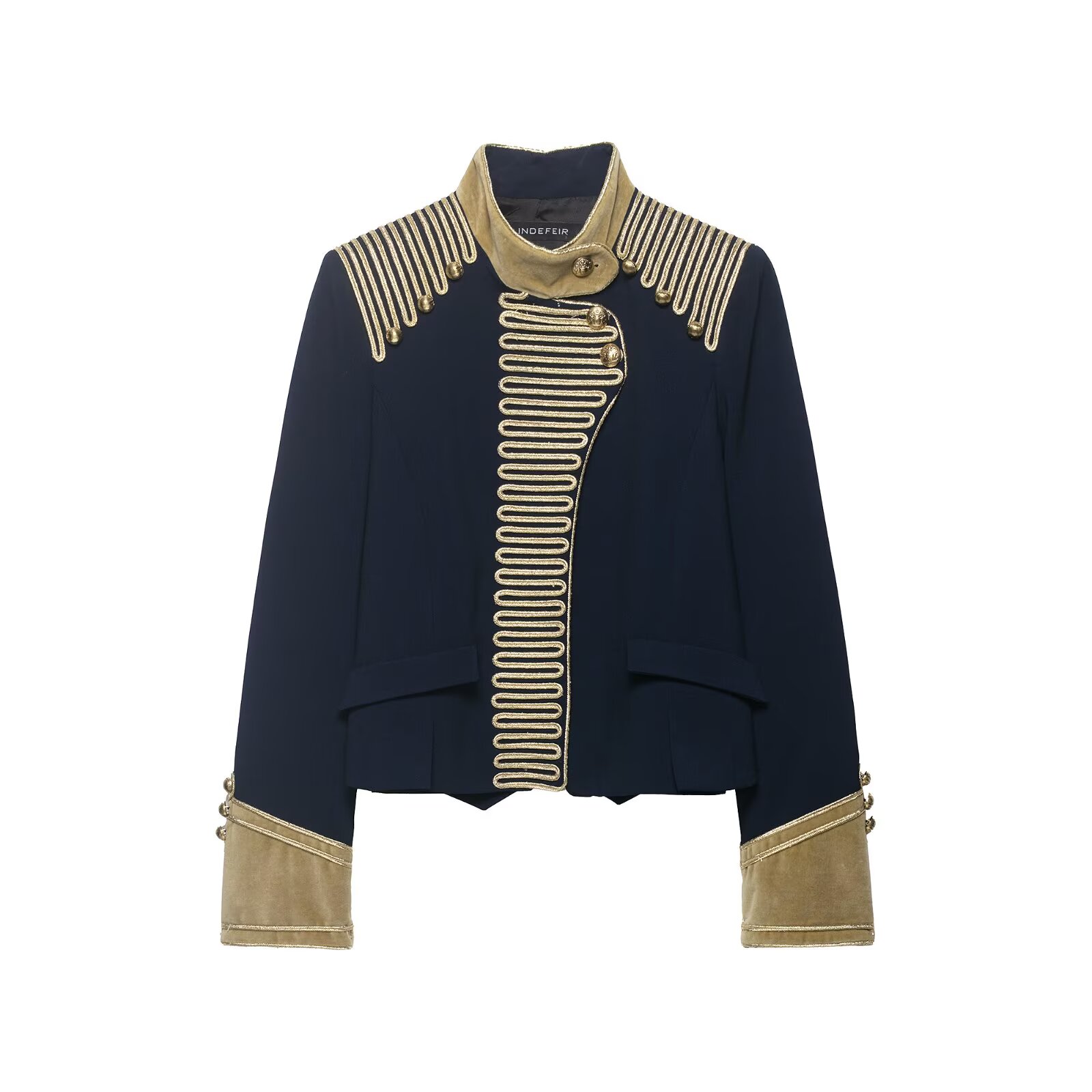 BSAY Nouvelle Veste Courte Napoléonienne Vintage pour Femme avec Broderie Chaîne Dorée, Col Montant, Poignets Contrastants, Boutons Décoratifs, Coupe Ajustée
