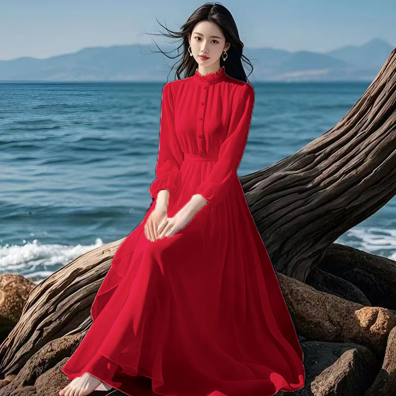 Printemps été femmes robe 2025 nouveau bohème plage longues robes en mousseline de soie dames élégantes manches longues robe d'été mince dames robes