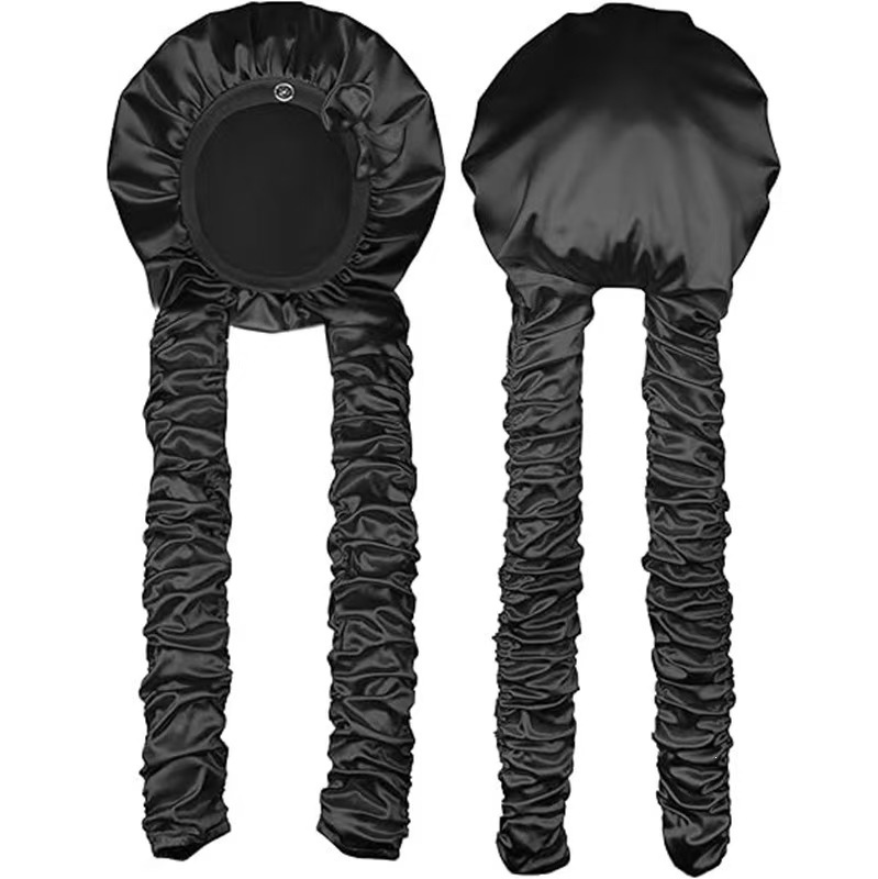Bonnet en satin sans chaleur pour dormir, bonnet de nuit antidérapant avec longs rubans bouclants pour tresses et cheveux longs