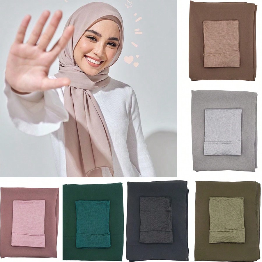 Ensemble de 2 pièces pour femme : Hijab et bonnet pour usage quotidien, hijab musulman en mousseline et bonnet élastique, turban tube uni, foulards