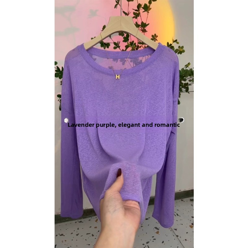 T-shirt ample à manches longues en soie glacée bleue, nouveau style d'été, vêtement de voyage, chemise de protection solaire, t-shirt amincissant coupe trapèze pour femme