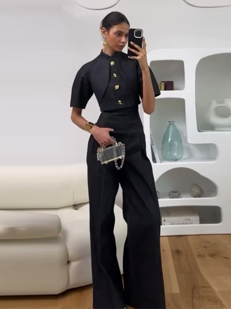 Ensemble décontracté en jean pour femme : haut cintré à col montant et manches courtes, pantalon large – Nouvelle tenue printemps 2026 pour femme