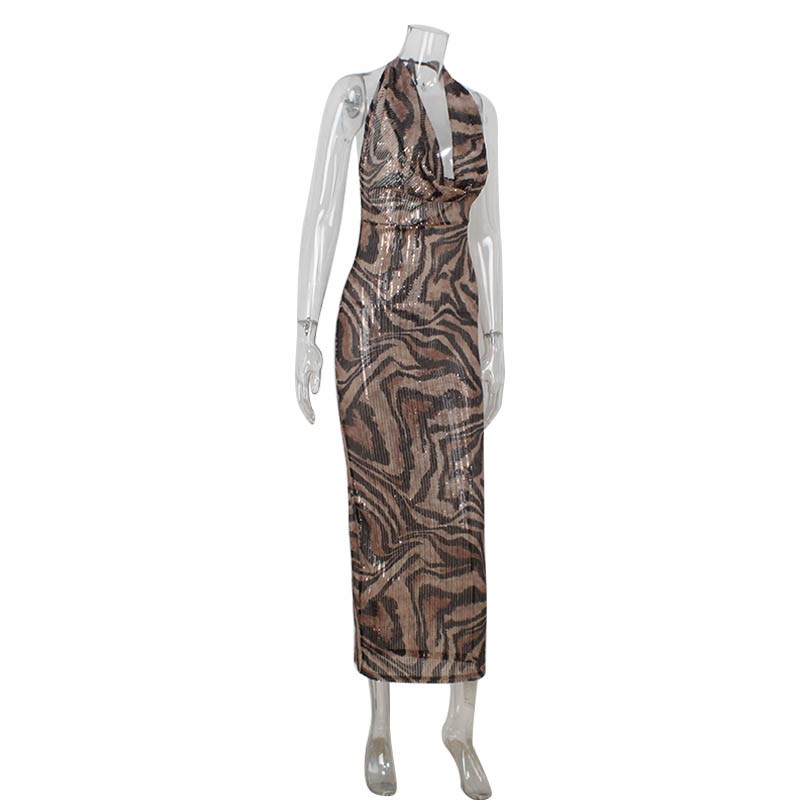 Ahagaga mode léopard paillettes femmes Robes de soirée Sexy col en v profond sans manches coupe ajustée moulante Maxi élégant Robes Robes