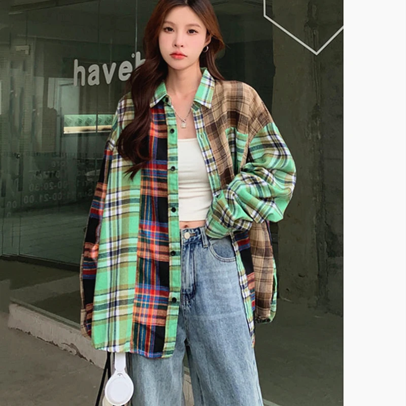 Chemises à carreaux pour femmes, mode coréenne, asymétrique, européenne, Harajuku, manches longues, Chic, Hotsweet, été, Simple, collège