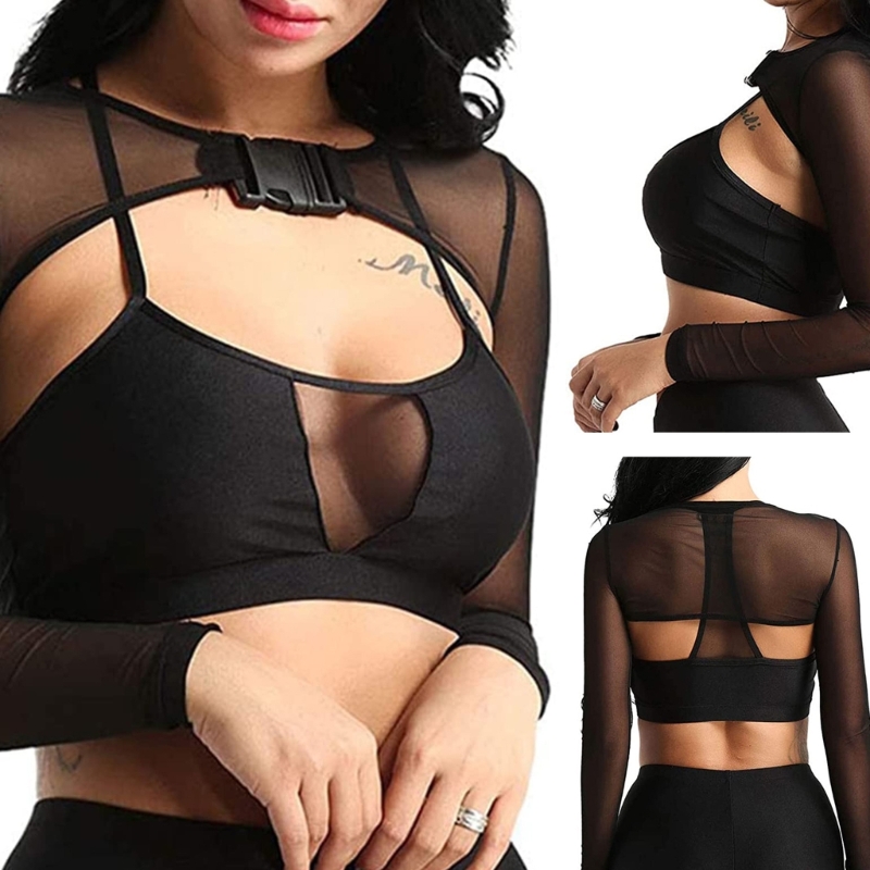 T-Shirt à manches longues avec boucle pour femme, haut court Sexy, maille transparente, couleur unie, léopard, transparent, Rave Party, Cover-Up