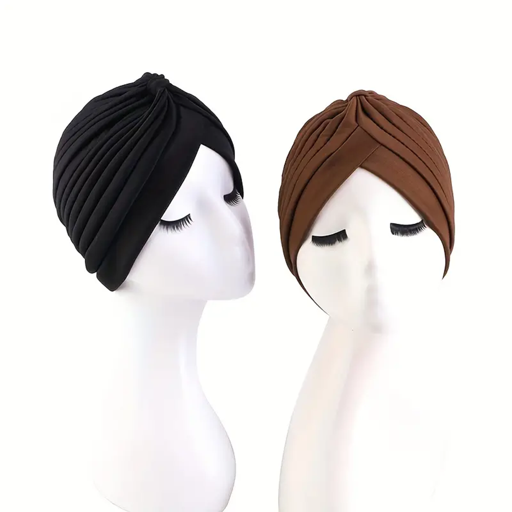 Lot de 2 turbans plissés pour femme, bonnets doux et extensibles pour la perte de cheveux (thérapie chimio), foulards hijab musulmans, couvre-chefs quotidiens tendance