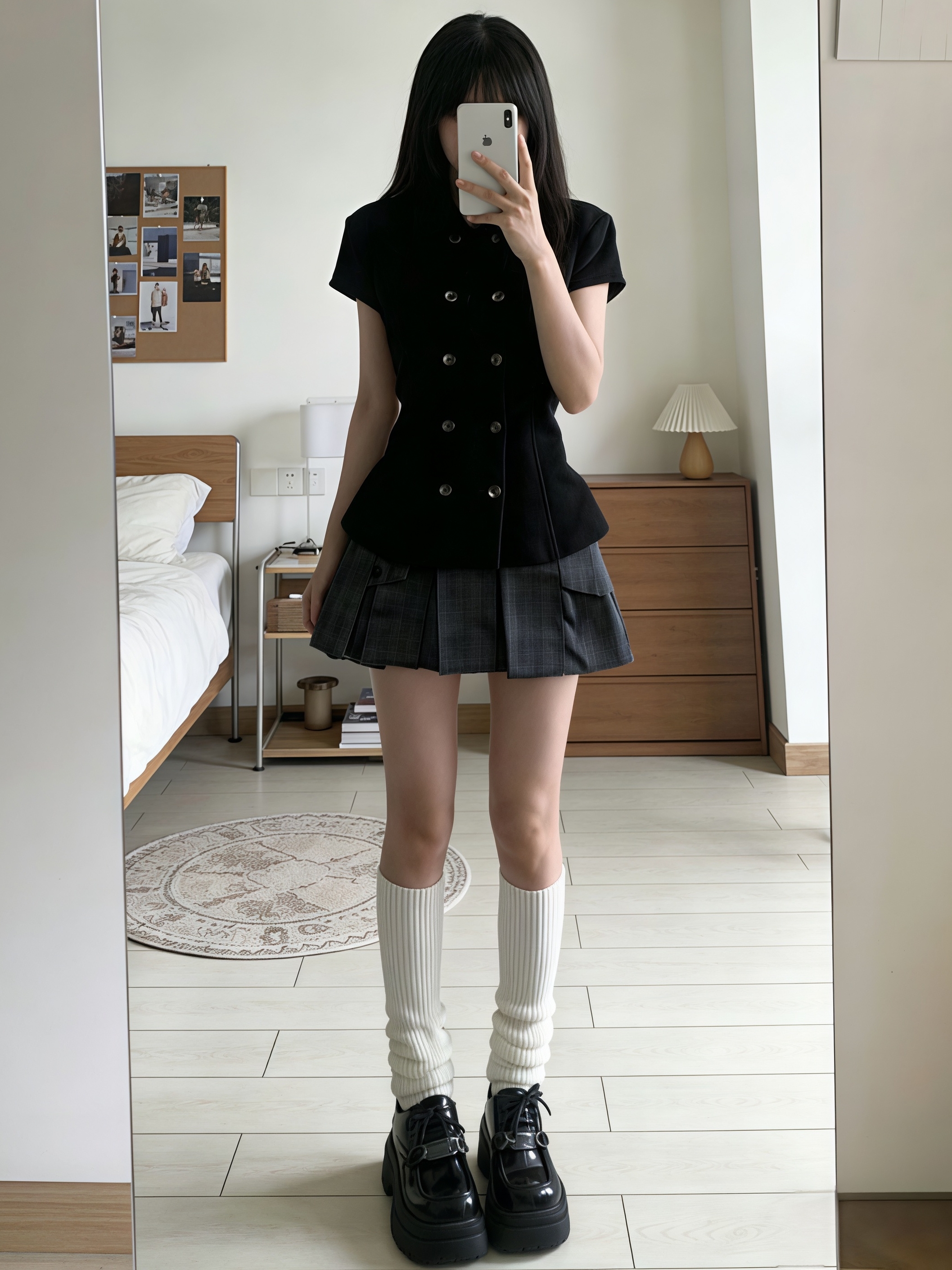 Costume femme à la mode coréenne, chemise noire cintrée à manches courtes, jupe plissée à carreaux gris, tenue décontractée de bureau, tenue deux pièces preppy