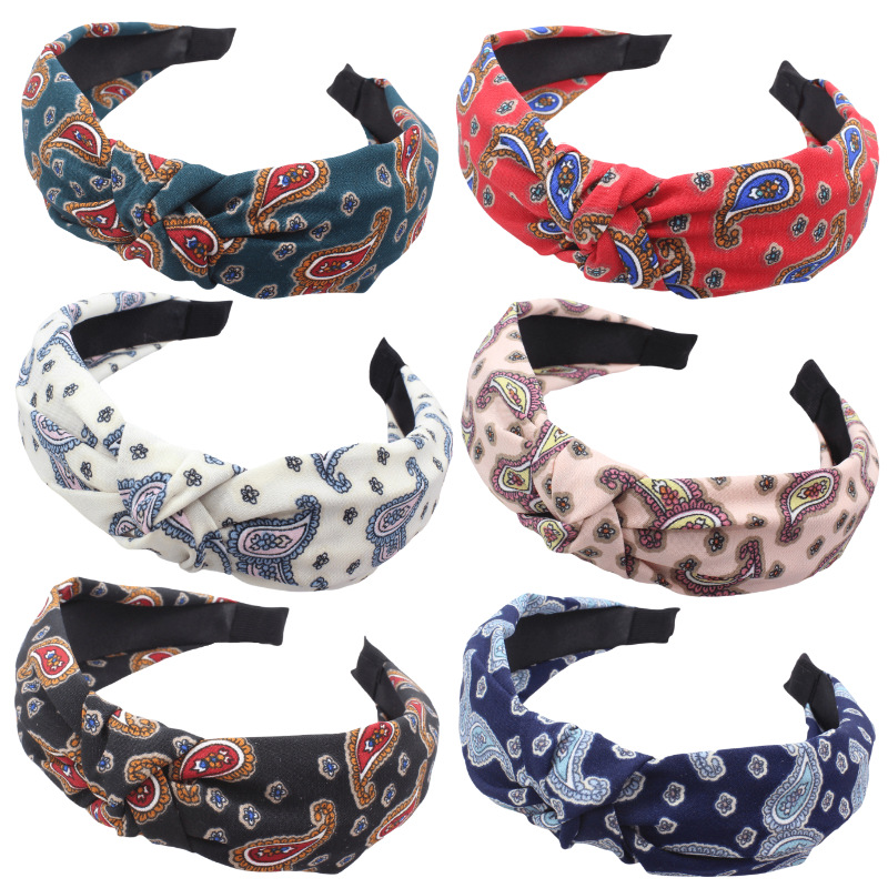 Bandeau à nœud supérieur pour femmes et filles, large bandeau à fleur de cajou, accessoires pour cheveux, serre-tête imprimé
