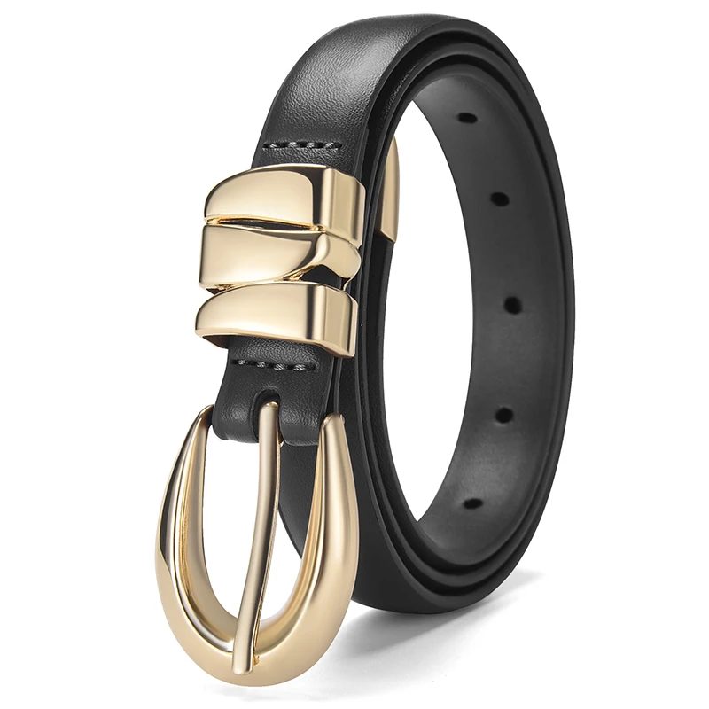 Ceinture en PU ajustée pour femme, ceinture fine, pantalon en jean, pantalon formel, ceinture noire tendance avec boucle dorée