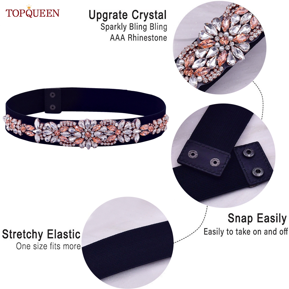 TOPQUEEN – robe pour femmes, ceinture élastique à la mode, strass scintillant, ceinture extensible, décoration de fête de voyage, grande taille personnalisée