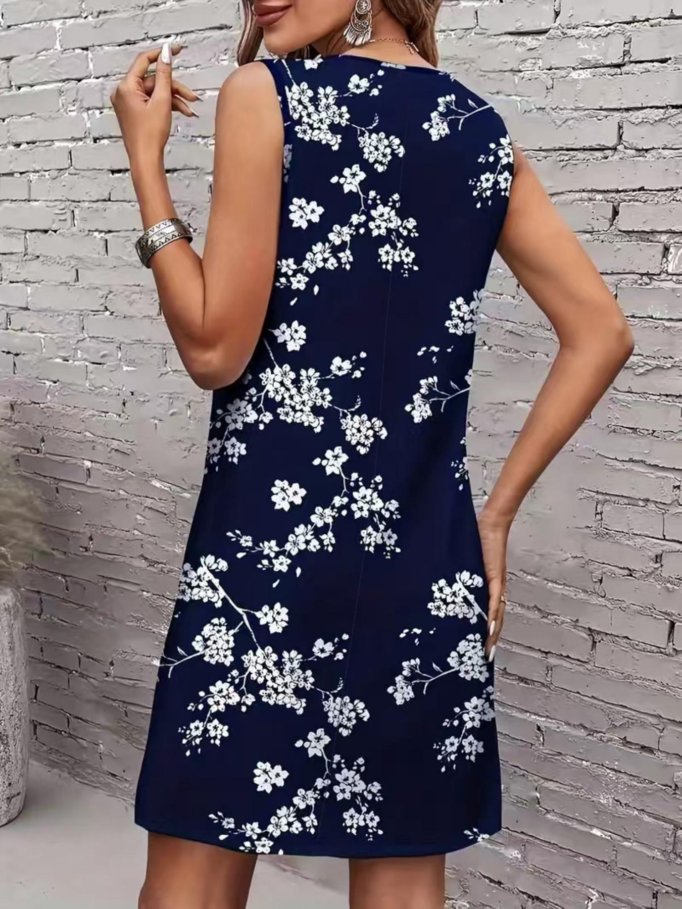 Robe d'été grande taille, robe débardeur sans manches à imprimé floral, col rond, décontractée et tendance