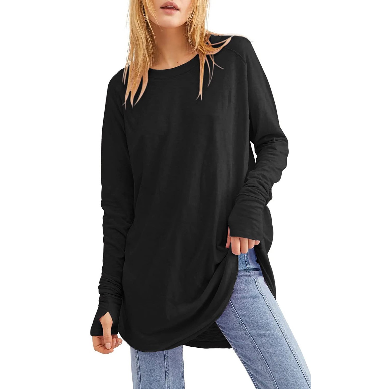 Chemises à manches longues en Y pour femmes, coutures de documents solides, col rond, pull à épaules tombantes, haut à manches longues, mode