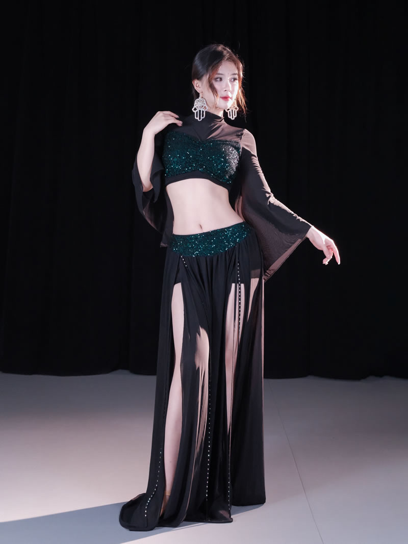 Tenue de danse orientale sexy pour femmes, haut en mousseline transparente à sequins à manches longues, jupe fendue sur le côté, compétition de danse du ventre