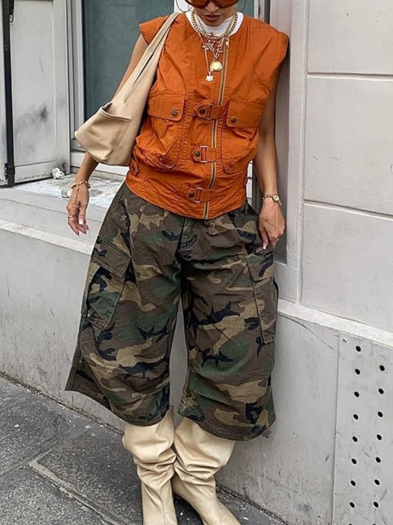 Pantalon Cargo de Camouflage pour femmes, Streetwear, vêtements d'été, taille haute, longueur mollet, jambes larges, décontracté, Capris