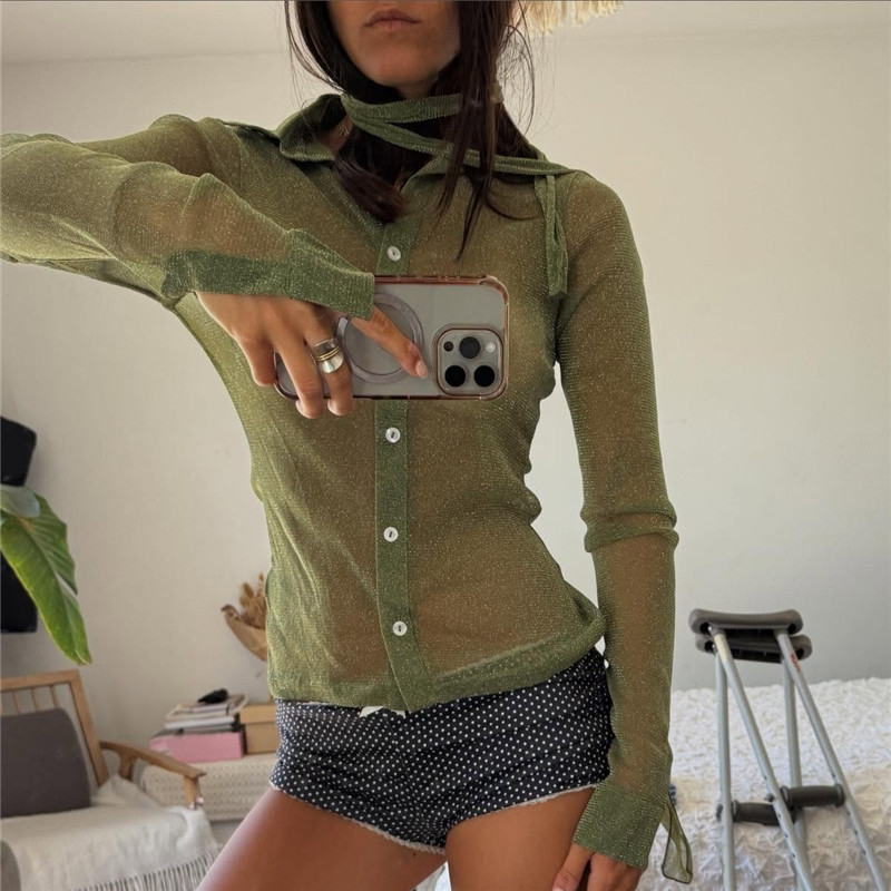 Chemisier transparent sexy à manches longues pour femme avec collier ras-du-cou, style Y2K Coquette, chemise boutonnée transparente à paillettes, streetwear, crop top de soirée