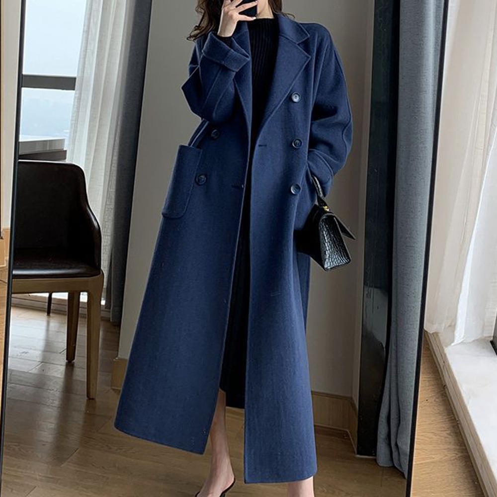 Automne hiver 2025 manteau femmes Chic décent couleur unie Double boutonnage à manches longues revers Long bureau dame manteau pour les femmes