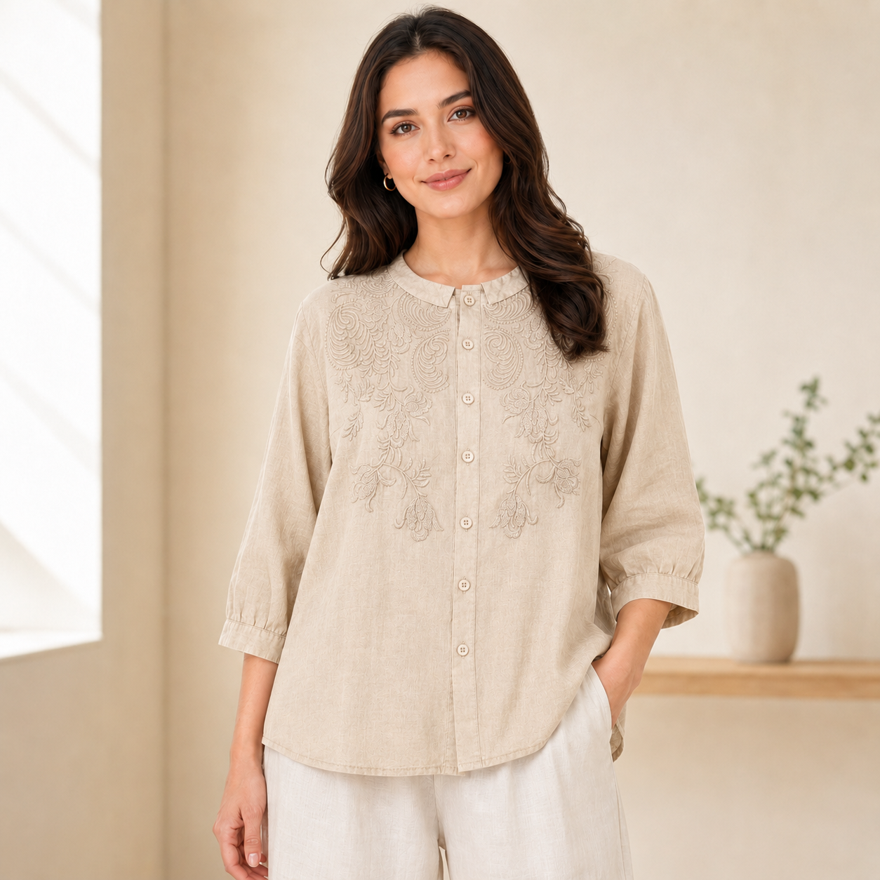 Chemisier brodé boutonné pour femme, manches 3/4, style lin léger, broderie florale, coupe décontractée, haut d'été