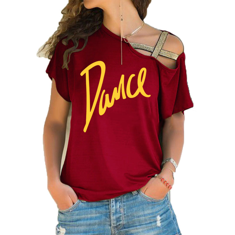 Femmes T-shirt ample Slash cou T-shirt dames décontracté lettre danse T-shirt été décontracté irrégulier biais croix pansement hauts T-shirt