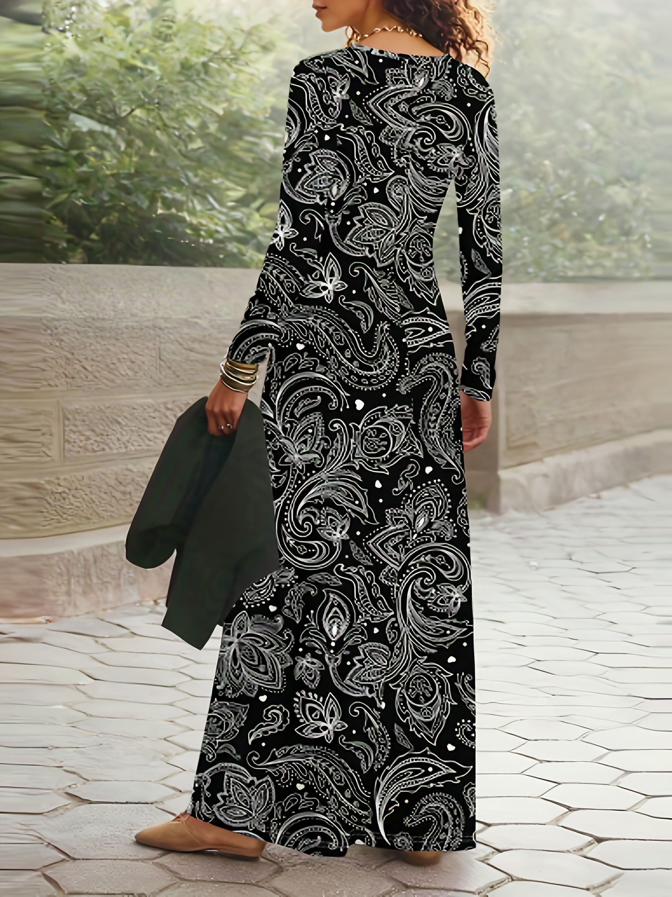 Robe décontractée à manches longues pour femme, imprimé tropical, taille cintrée, coupe trapèze, longueur midi, tenue de vacances, mode estivale, noir et