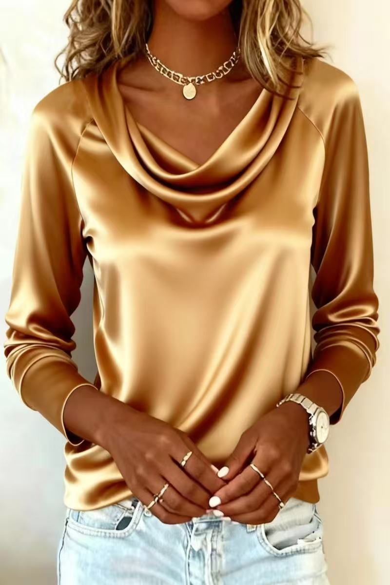 Chemise à manches longues en satin pour femme - Col bénitier - Couleur unie - Soie - Style haut - Pour un look décontracté et de bureau