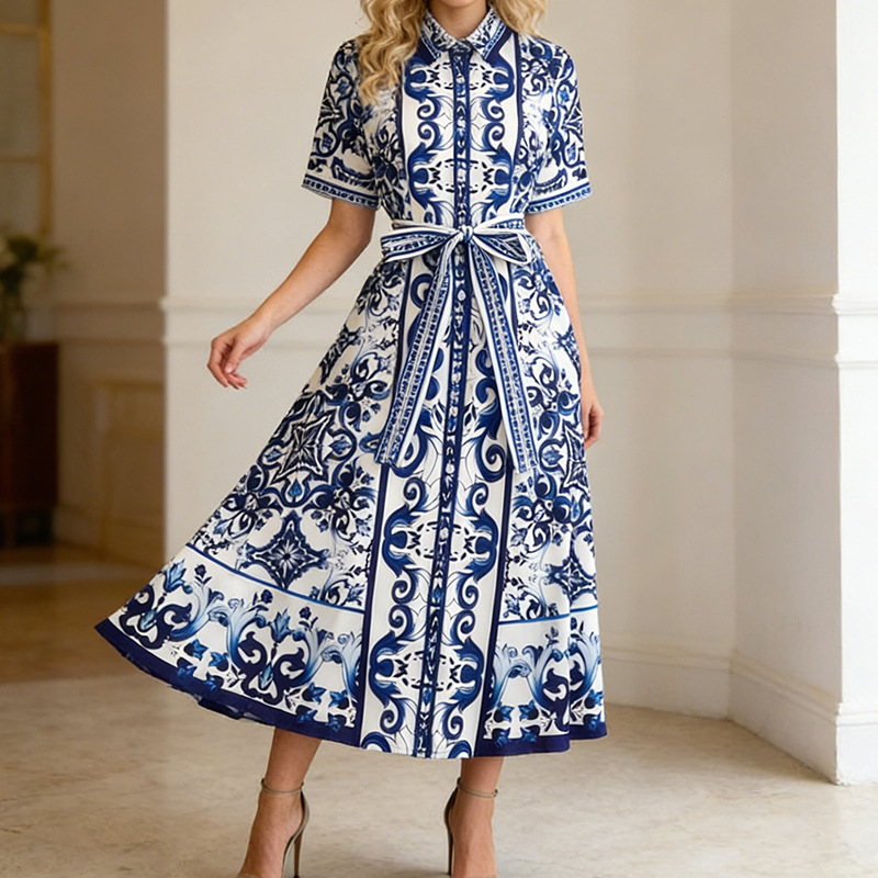 Robe longue pour femme, coupe trapèze, style Y2K streetwear, élégante pour soirée, travail ou occasion spéciale, col rabattu, manches courtes, imprimée, taille haute