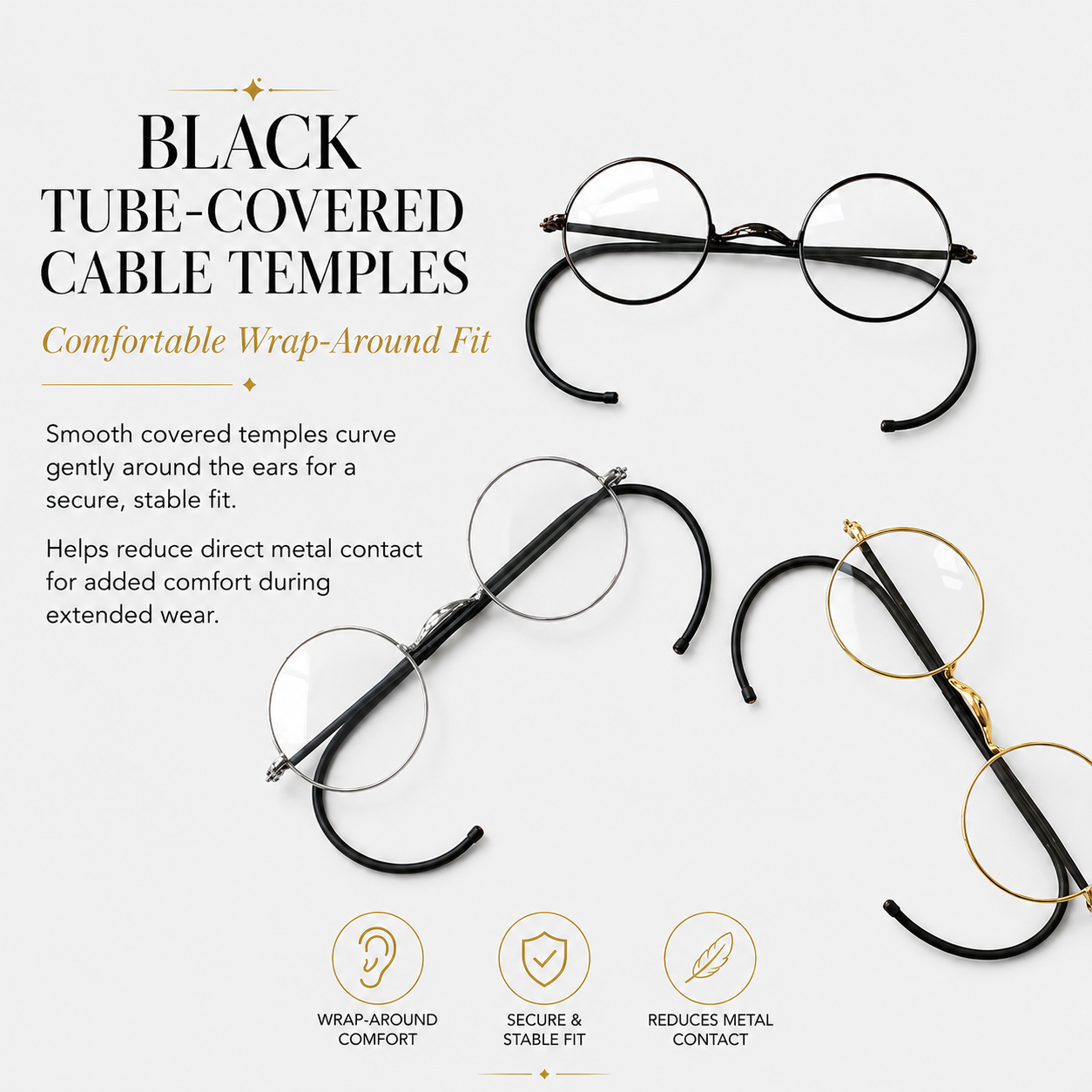 Lunettes rondes vintage de 44 mm avec monture en fil doré sans plaquettes de nez, monture optique avec branches en câble pour un ajustement sécurisé