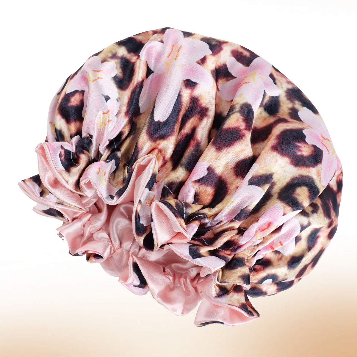 Bonnet en Satin pour cheveux, imprimé Floral léopard, garniture à volants, protège le verrouillage des cheveux, permettant de gagner de l'humidité, bonnet de sommeil pour femmes/hommes, 1 pièce