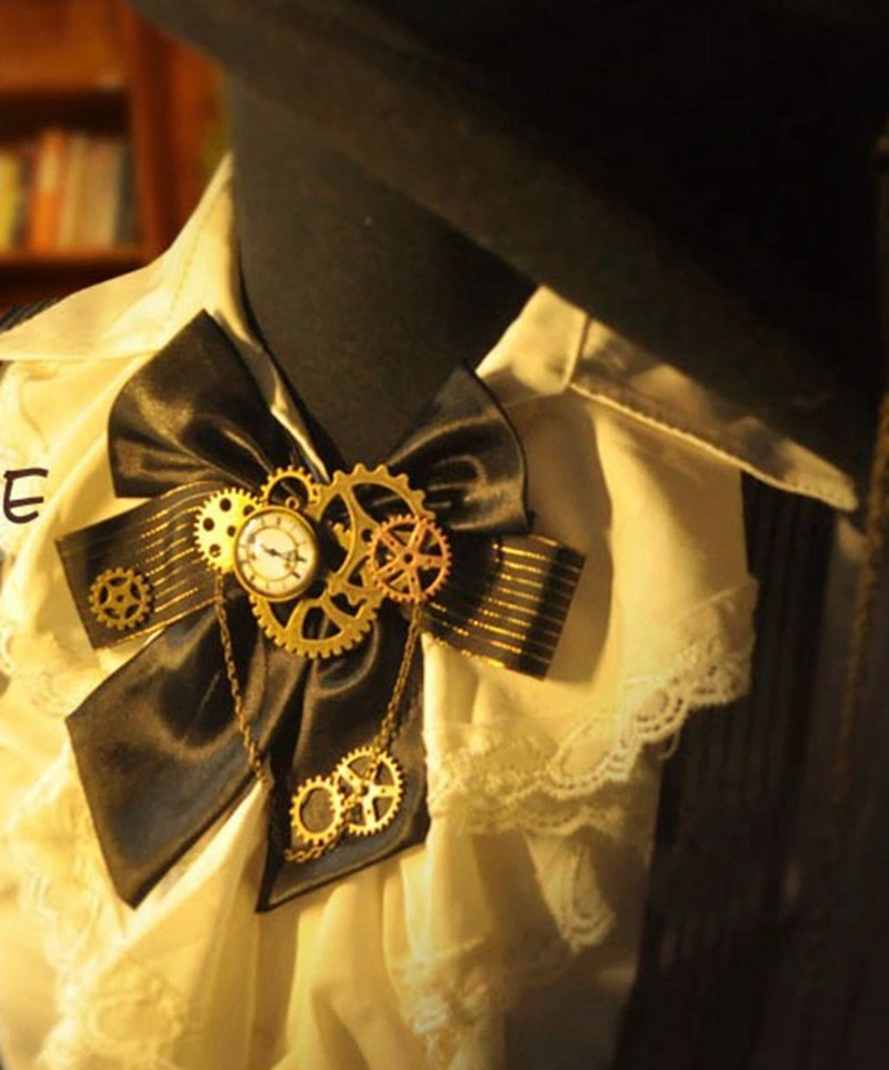 Noeud papillon Steampunk noir, accessoires de Costume unisexe Vintage victorien pour hommes, cravate Punk Gear