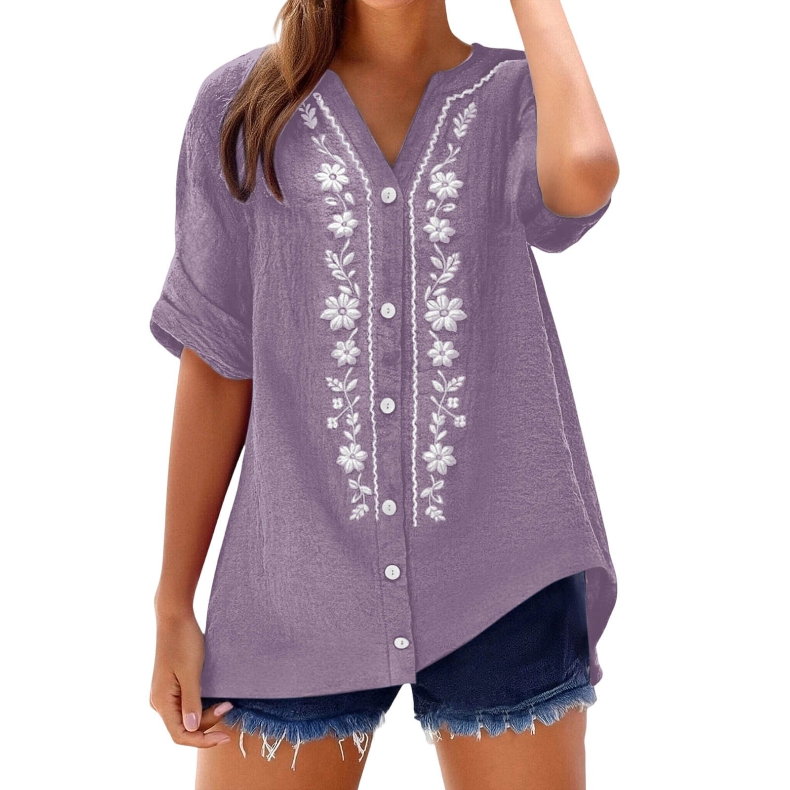Chemisiers vintage à broderies florales pour femmes, chemises décontractées d'été à col en V et manches courtes, blusas mujer, chemises boutonnées, tuniques en coton et lin