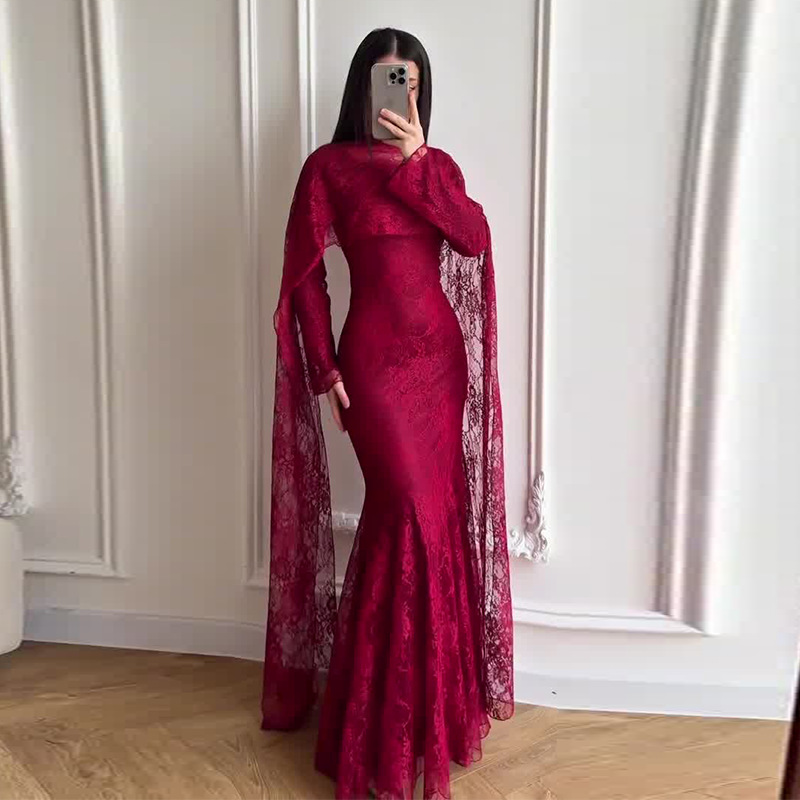 Robe longue femme en dentelle, coupe trapèze, col rond, manches longues, style sirène, élégante, ajustée, pour soirée et mariage 2026
