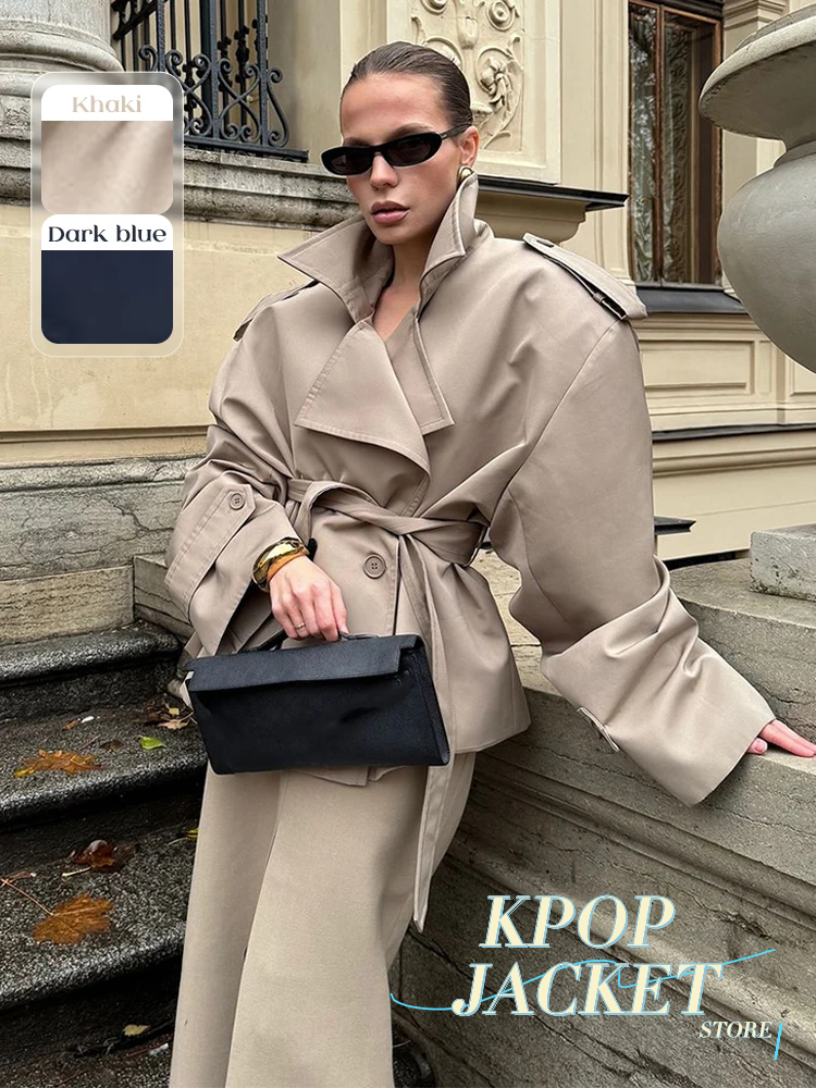 Élégant solide à lacets pardessus femmes Chic à manches longues revers col bouton manteau ample automne femme rue nouveau surdimensionné vêtements d'extérieur