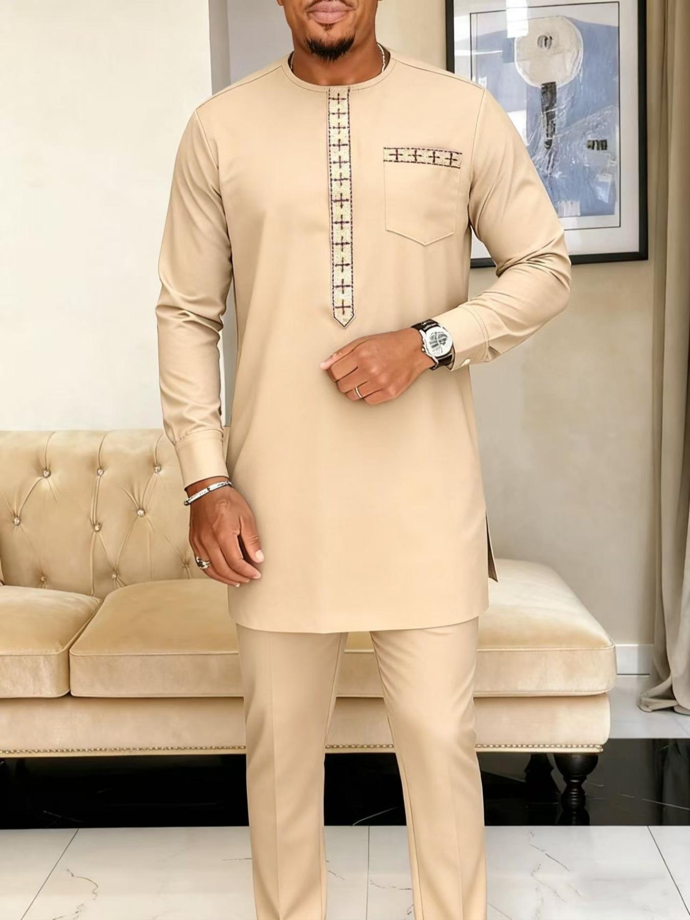 Ensemble décontracté pour hommes, style ethnique traditionnel africain et moyen-oriental, col rond, 2 pièces, coupe ample et confortable, pour le quotidien
