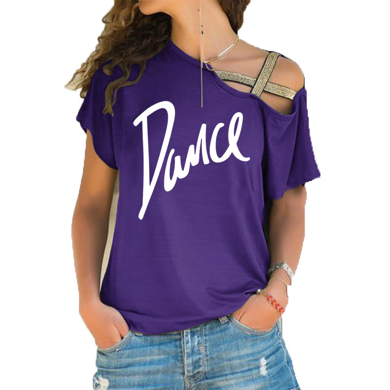 Femmes T-shirt ample Slash cou T-shirt dames décontracté lettre danse T-shirt été décontracté irrégulier biais croix pansement hauts T-shirt