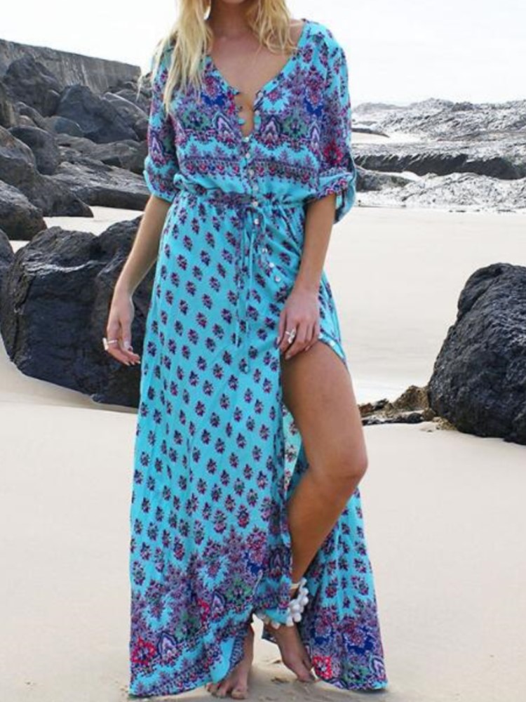 Boho robe imprimée dame mode Vintage col en V trois quarts pull robes pour femmes élégant vacances plage femmes vêtements nouveau