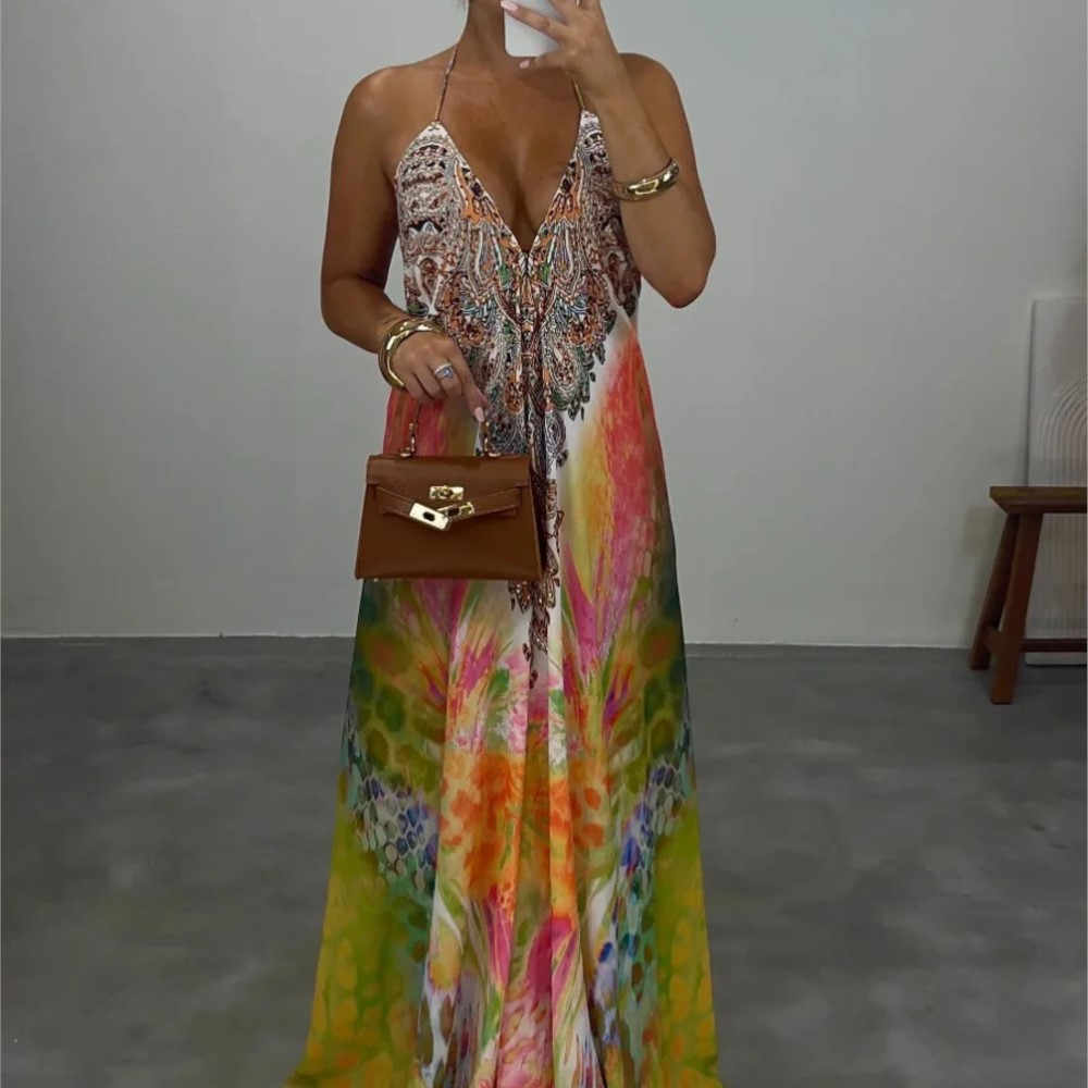 Robe longue décontractée et élégante, style bohème, imprimé, col halter, dos nu, col en V, sans manches, taille mi-haute