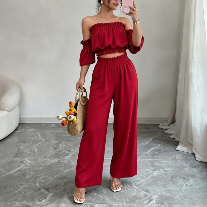 Ensemble 2 pièces pour femme : Haut court à volants épaules dénudées et pantalon large – Tenue décontractée pour l'été, les vacances, les soirées ou comme survêtement de détente