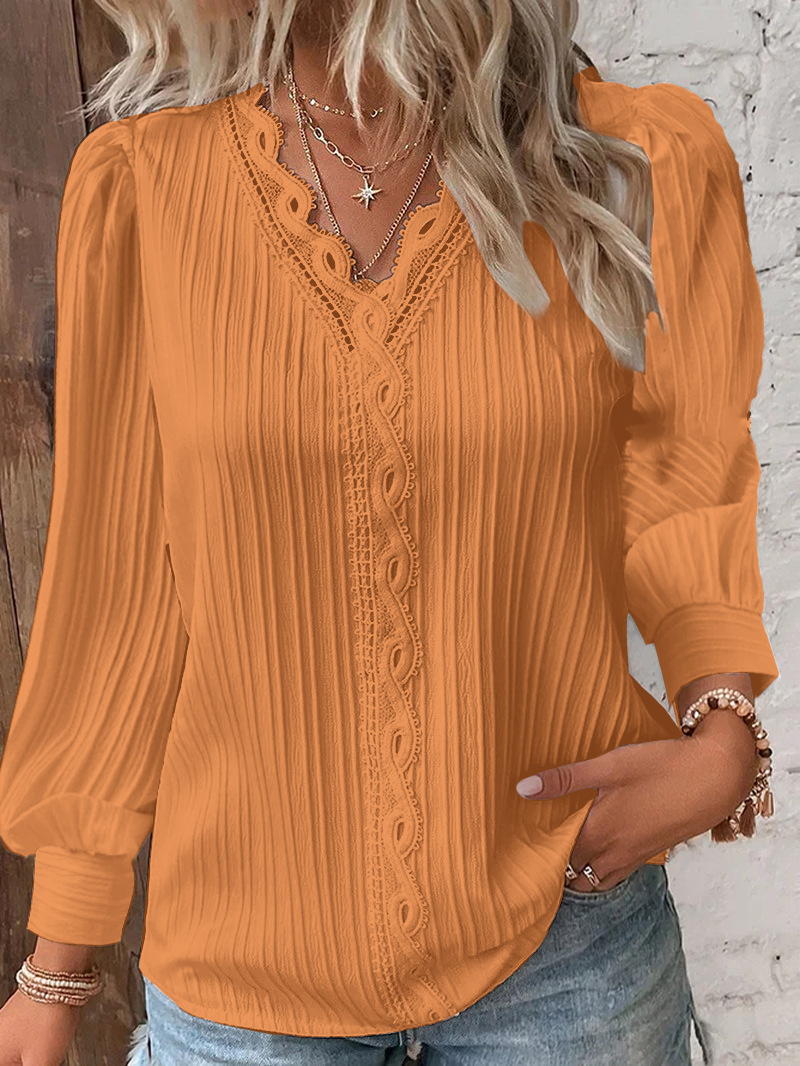 Chemise en mousseline de soie à col en V pour femmes, chemisiers blancs, coutures en dentelle, pull à manches longues, haut At, élégant, rue, automne