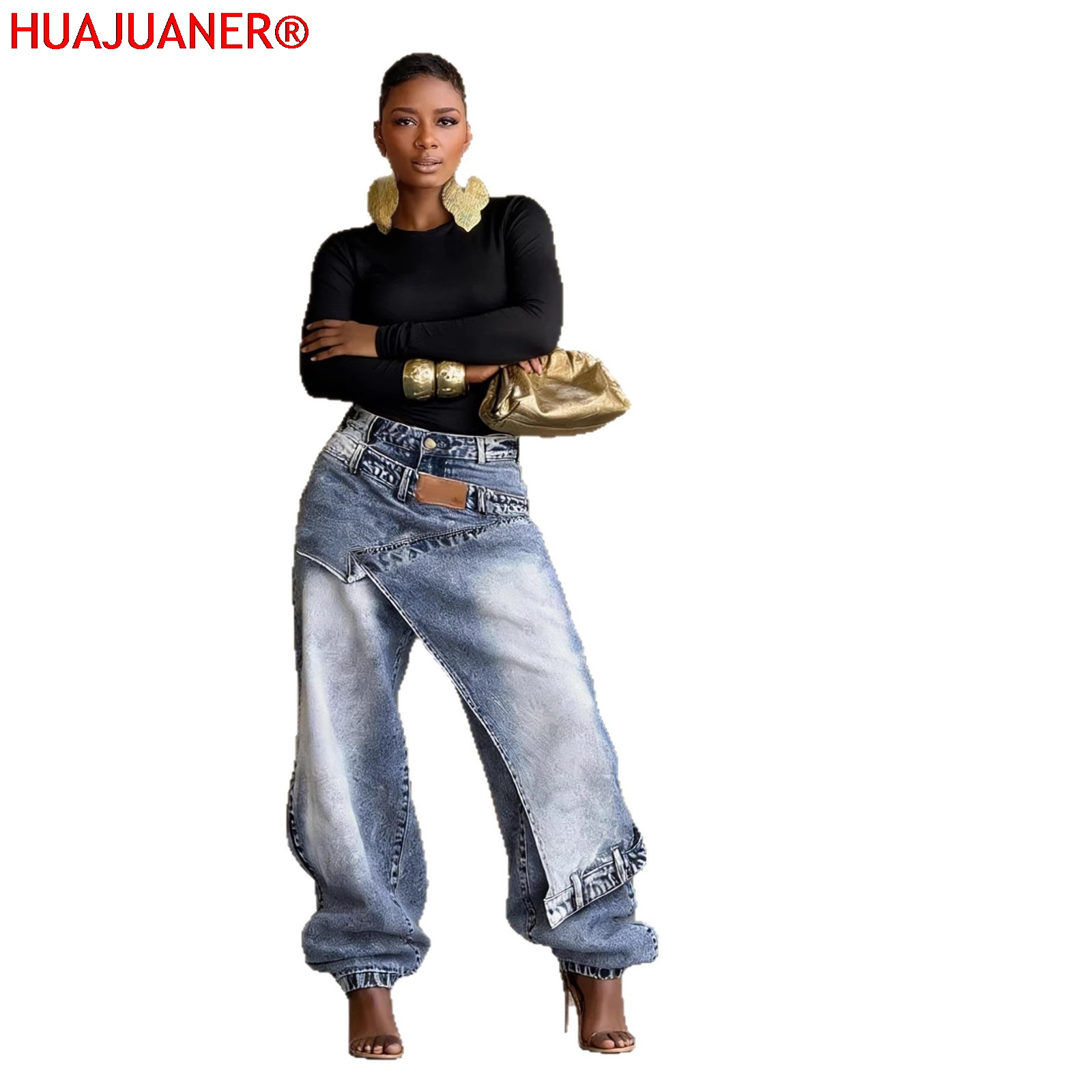 Jeans Femme Vintage Coupe Large Denim Délavé Streetwear Patchwork Patches Pantalon Droit Effet Usé Longueur Ras du Sol 2026