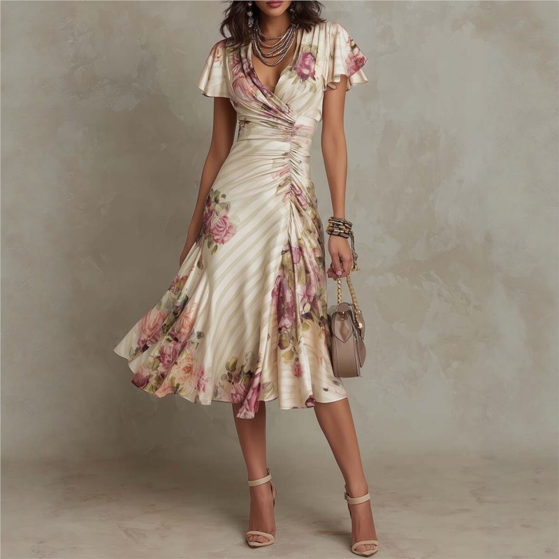 Robe longue élégante à imprimé floral style bohème pour femme, col en V, taille haute, robe de soirée, robe maxi à manches courtes avec fermeture éclair, robe d'été, Vestido