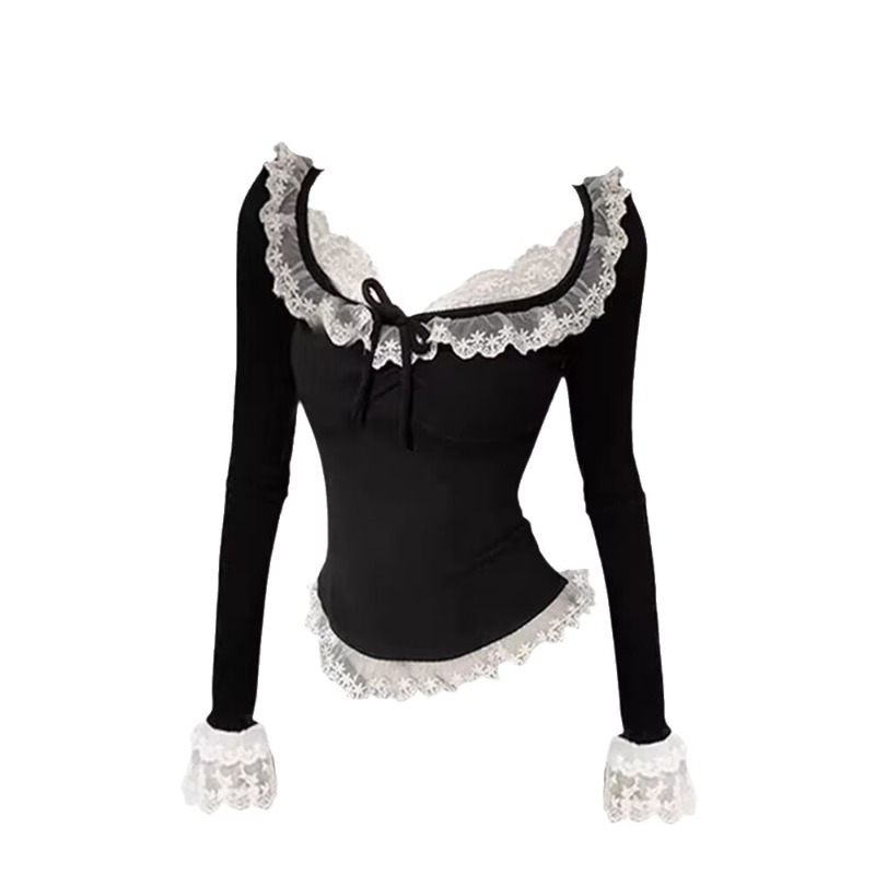 T-shirt Femme Vintage à Manches Évasées, Collection Automne 2025, Style Coréen Y2K, Crop Top Élégant Uni avec Nœud et Dentelle, Polyvalent