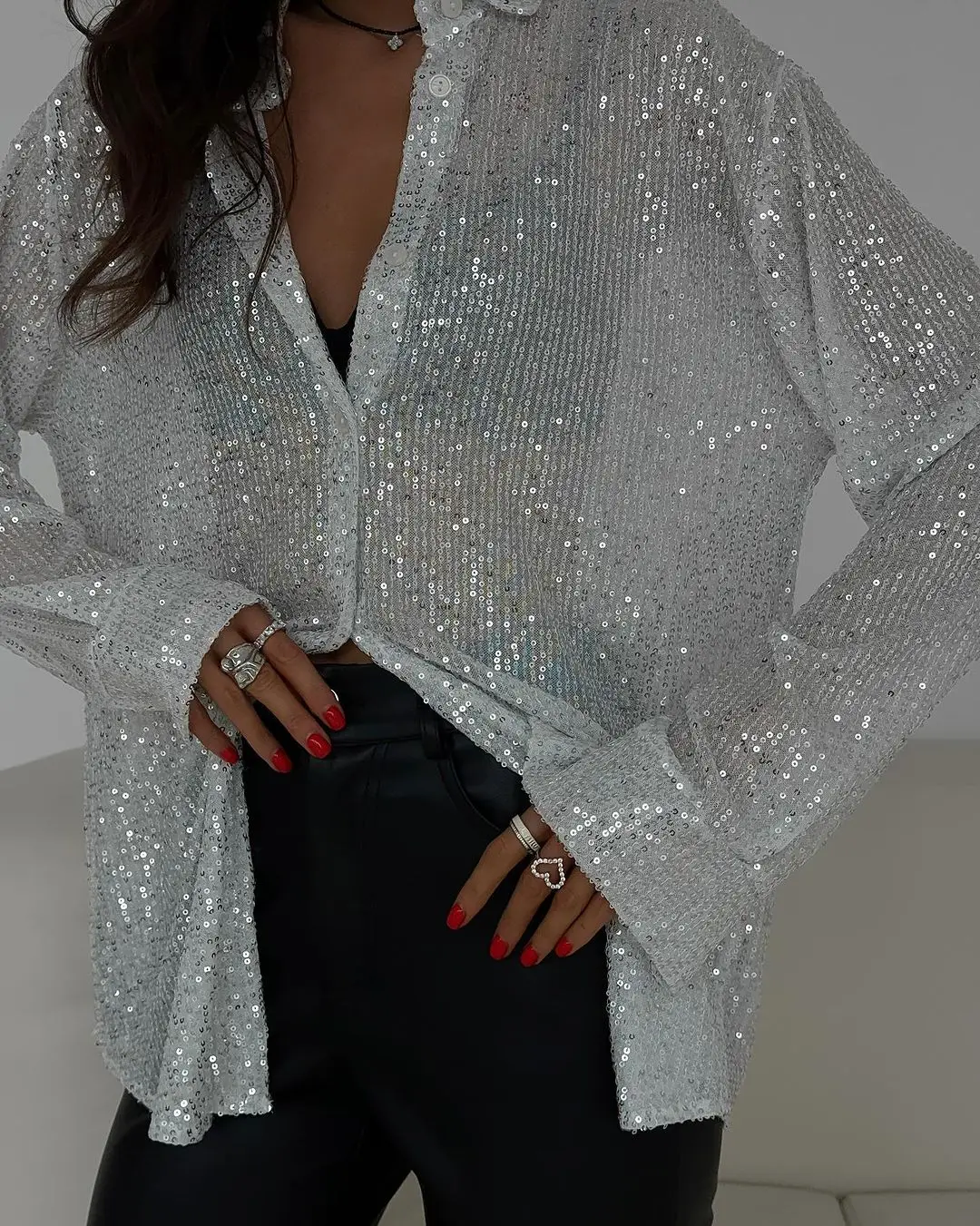 Chemisier Sexy à paillettes pour femmes, chemise argentée à manches longues, vêtements de club de fête, col rabattu, coupe ample, boutonné, hauts à paillettes, Y2K 2000S