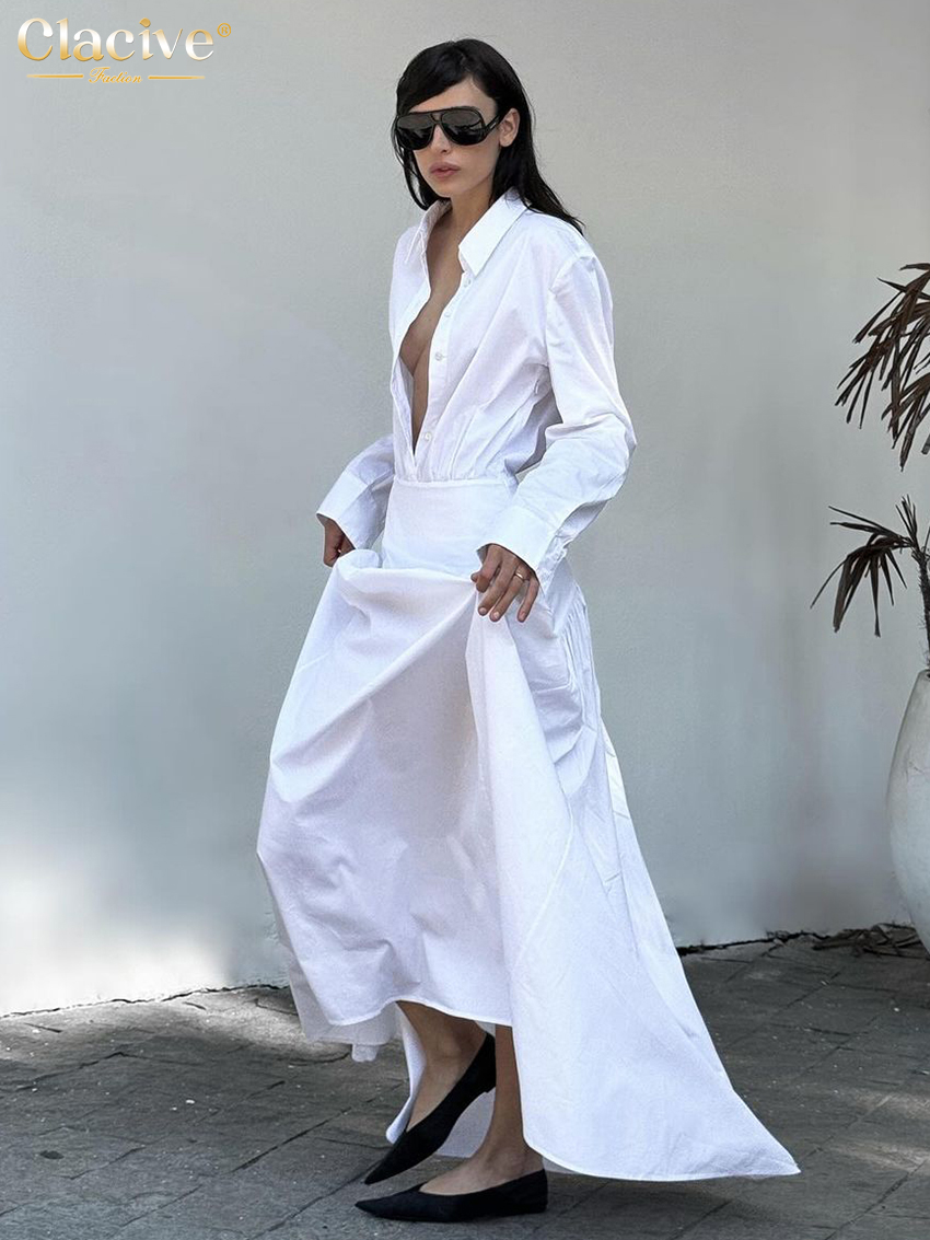 ClacMarkets-Robe décontractée en coton blanc pour femme, manches longues, longueur de rinçage, revers élégant, robe femme classique, mode adt, 2025