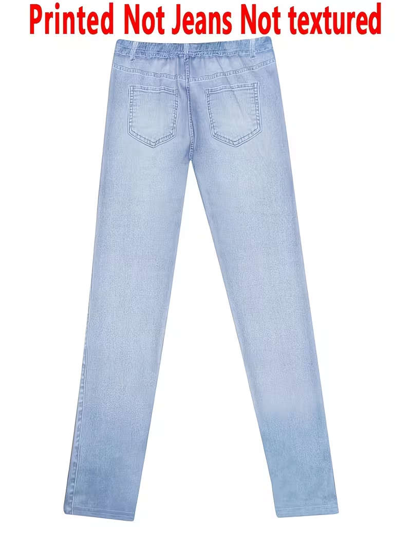 Leggings imprimés – Tissu non en denim, leggings imprimés avec motif imitation denim, avec poches et boutons décoratifs, grande élasticité, nouveauté.