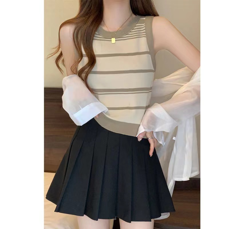 Débardeur sans manches en tricot rayé pour femmes, décontracté, avec robe contrastée (rose/noir et blanc)
