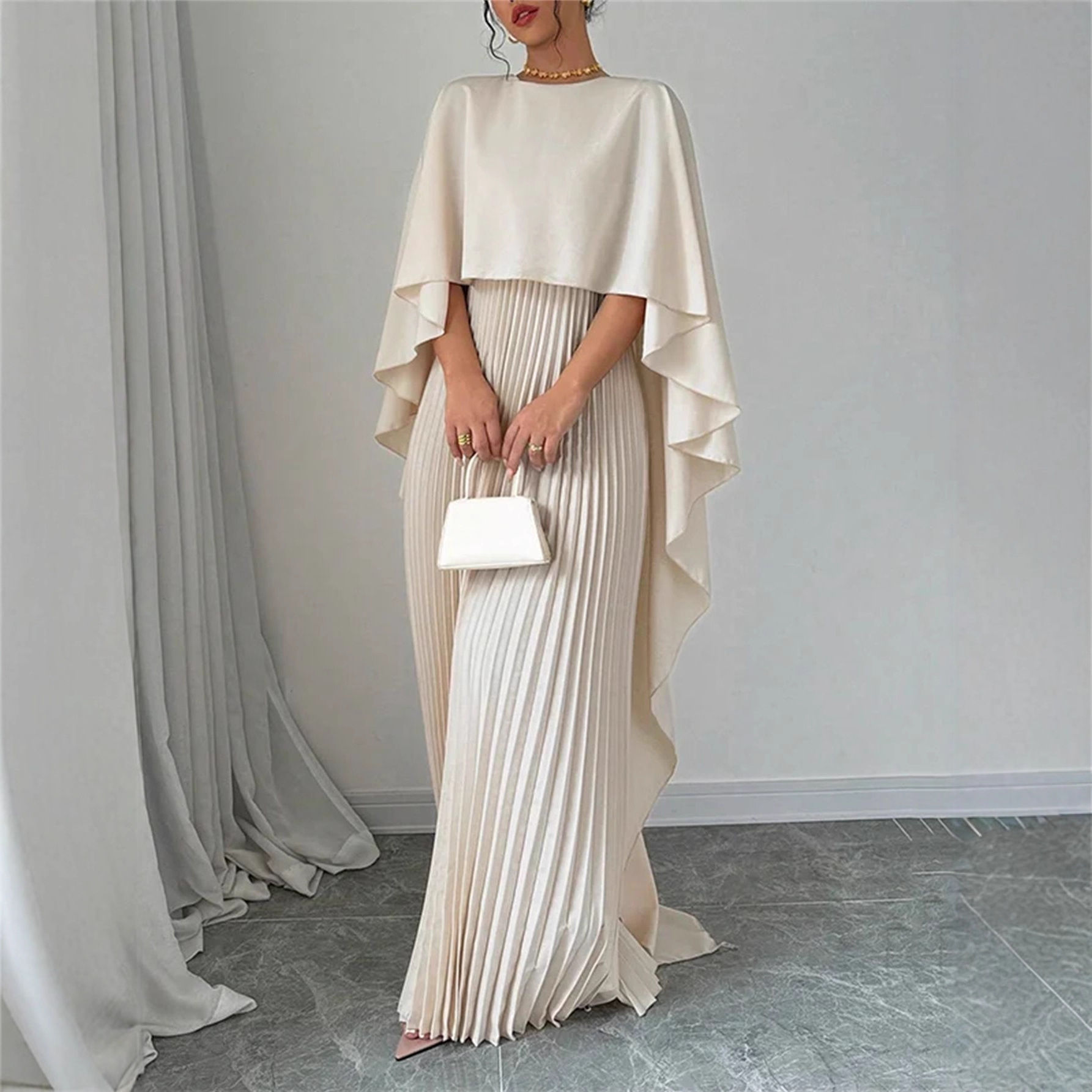 Robe longue plissée à manches cape pour femme, col rond, élégante, robe de soirée formelle
