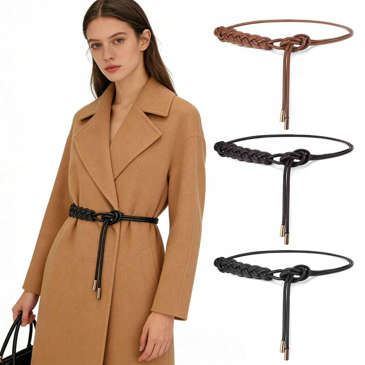 Ceinture longue nouée pour femme, en cuir tressé, fine, pour robe ou manteau, ceinture décorative