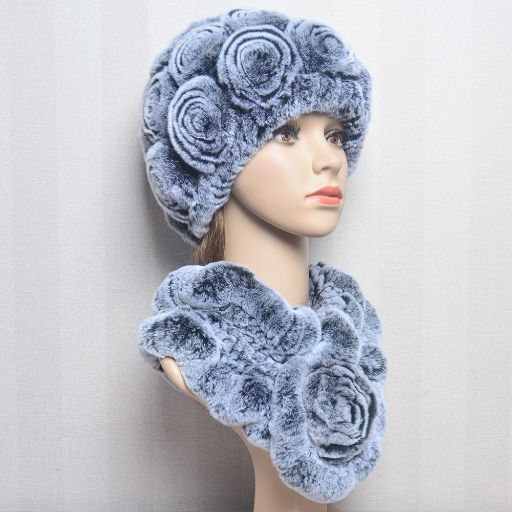 Nouveau femmes hiver fourrure chapeau écharpe ensembles naturel chaud réel Rex lapin fourrure casquette foulards dame tricoté chaud 100% véritable fourrure chapeaux silencieux