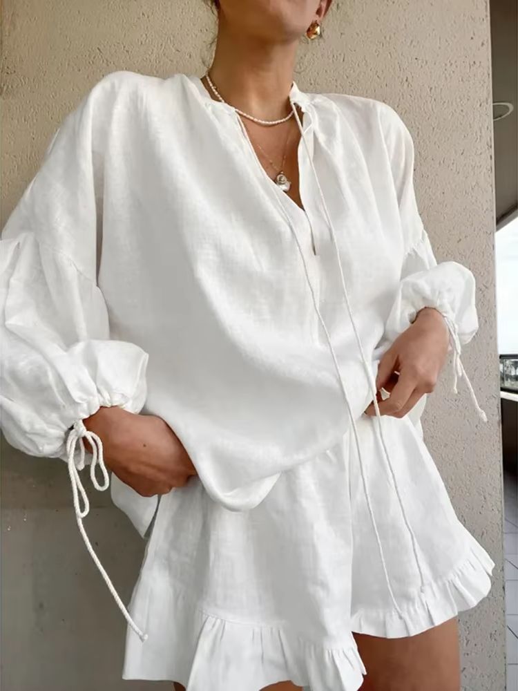 Ensemble pantalon court en coton et lin pour femmes, pull décontracté à manches longues avec Short, ample, Streetwear Y2k, tenue 2 pièces assortie
