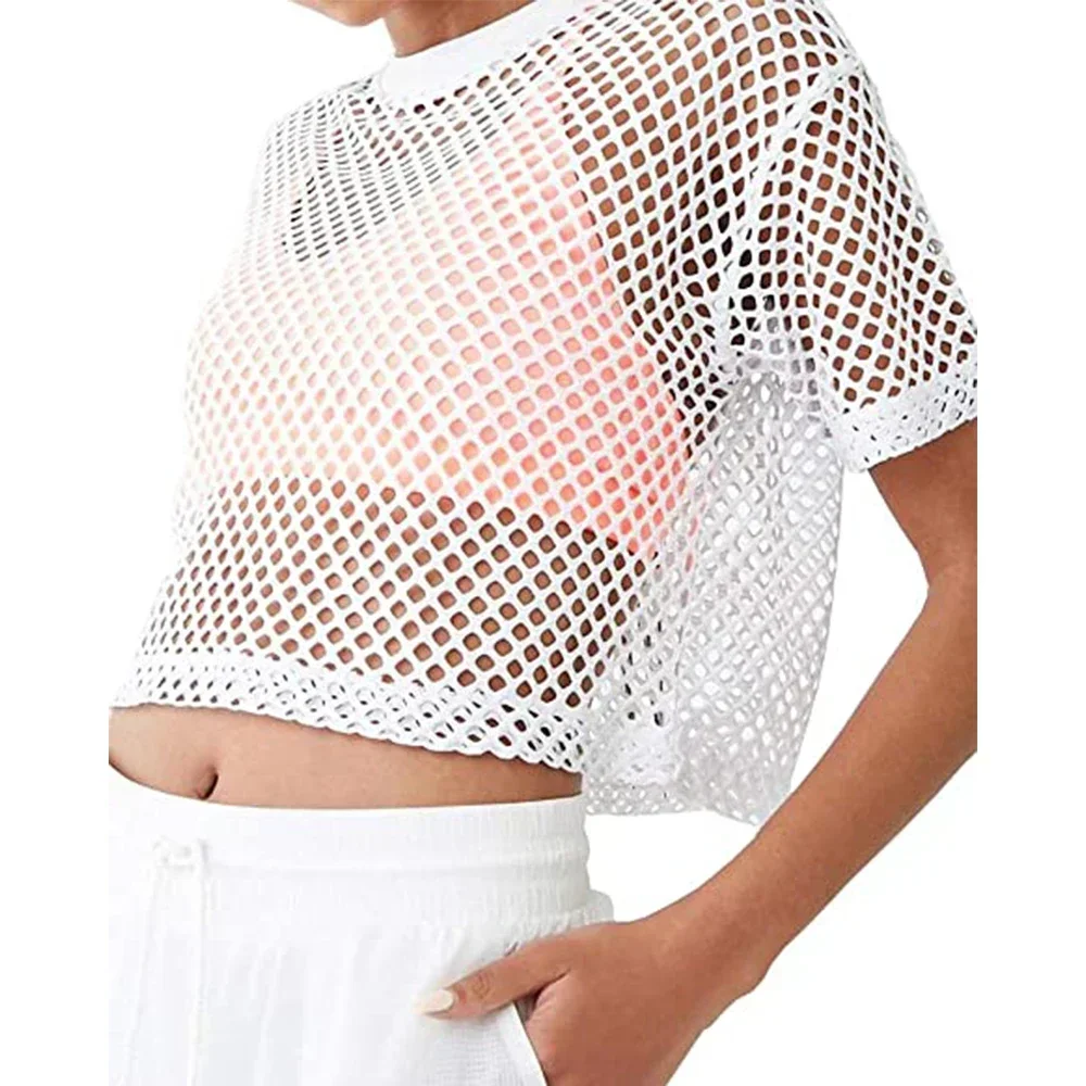 Mode dame résille Transparent culture hauts T-shirt pour femmes été à manches courtes col rond solide T-shirt t-shirts vêtements féminins